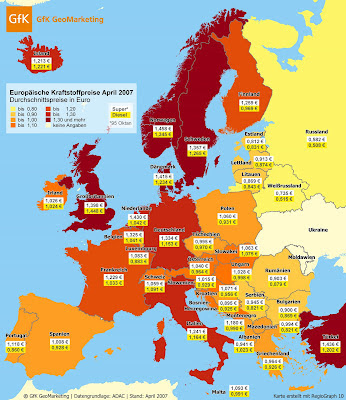 Landkartenblog: Karte: Benzinpreise in Europa (April 2007)