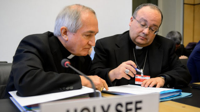 CHANGE NEEDED. Vatican's UN Ambassador Monsignor Silvano Tomasi (L) speaks with Former Vatican Chief Prosecutor of Clerical Sexual Abuse Charles Scicluna prior to the start of a questioning over clerical sexual abuse of children. Photo by Fabrice Coffrini/AFP