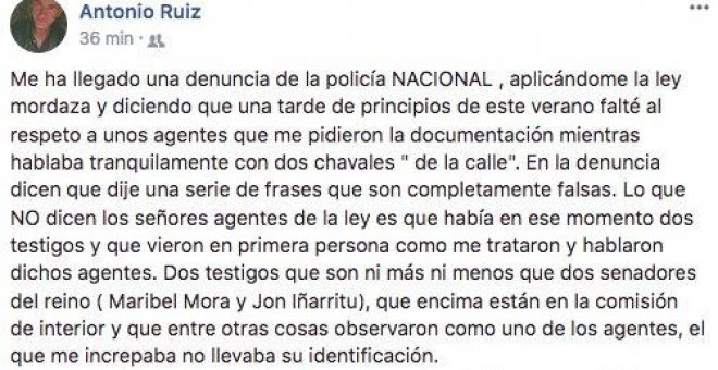 Post en Facebook del periodista Antonio Ruiz explicando lo sucedido