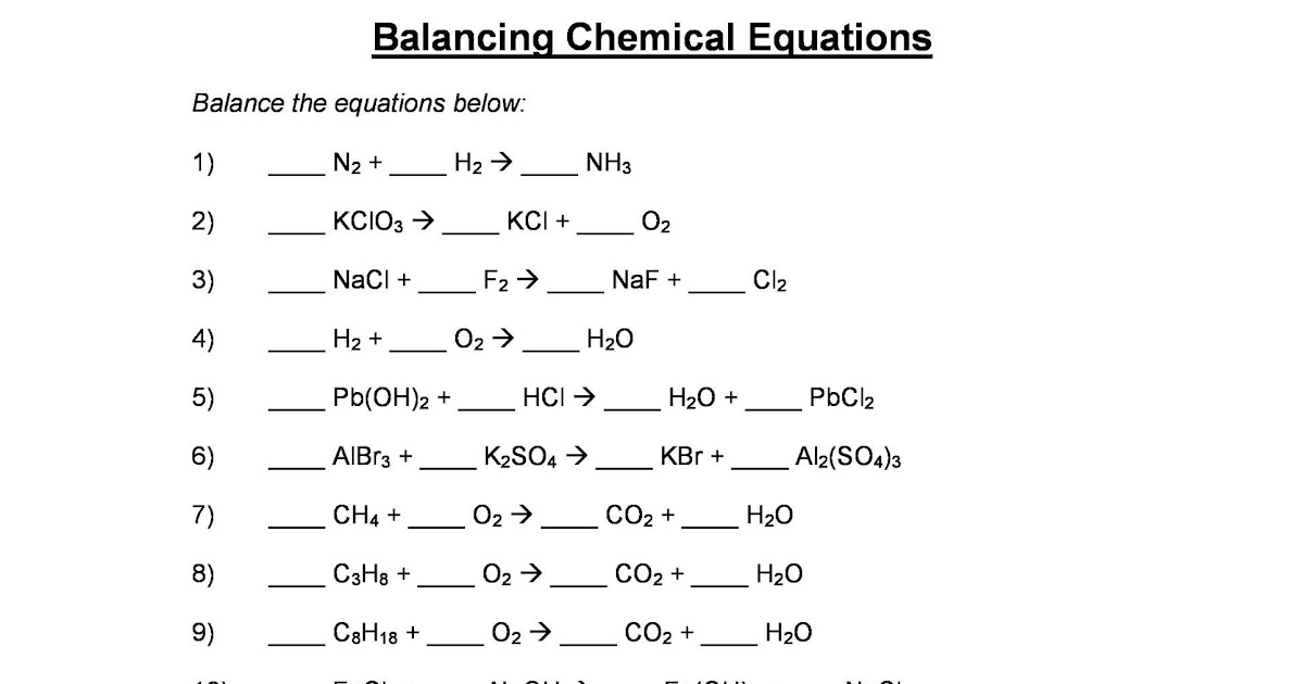 Balancing Chemical Equations Worksheet 50 Questions Tessshebaylo