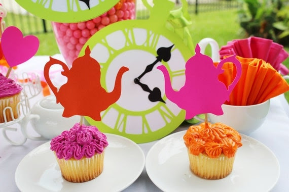 Alice In Wonderland Party Supplies - Cupcake Toppers- 12 Pink Orange Antique Teapots Toppers - Tea Party