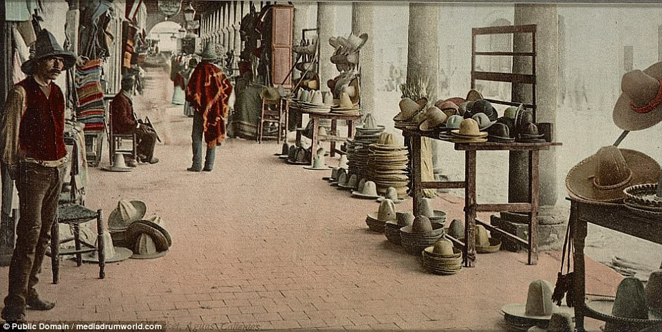 A marketplace in the central Mexican state of Aguascalientes, where vendors are seen with stalls full of hats in the period between 1884 and 1900 taken by American photographer William Henry Jackson