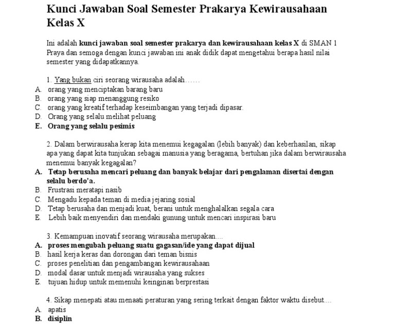 Contoh Soal Prakarya Dan Kewirausahaan Kelas X Beserta Jawabannya Jawaban Cerdas