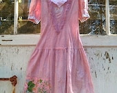 Spring pink dress Retro Gunne Sax romantic hand dyed Upcycled cotton Lace Forest Eco 70s Bridesmaid party dress - kateblossom