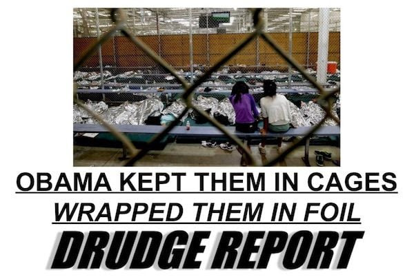 A screenshot of the Drudge Report on June 20, 2018, saying President Obama kept migrant children in cages and wrapped them in foil