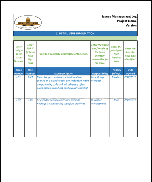 Project Management Issue Log Template Issue Management Log Template