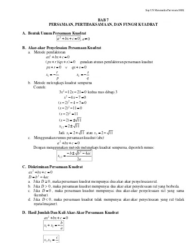 Matematika SMP Kelas 9: Contoh soal Persamaan Dan Fungsi Kuadrat Kelas