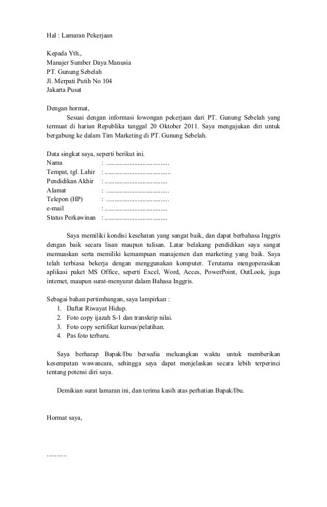 Contoh Surat Lamaran Pekerjaan Word