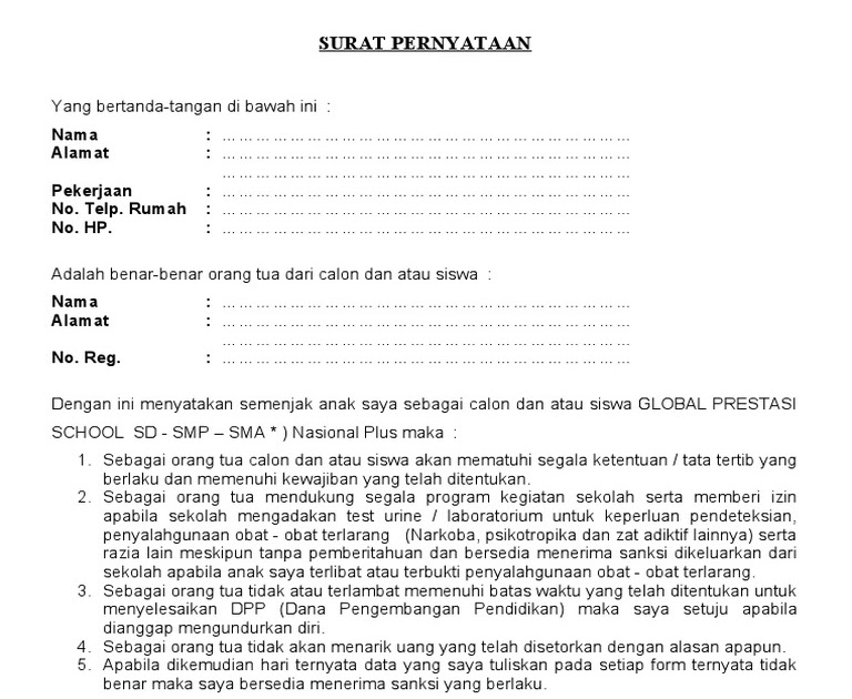 Contoh Surat Pernyataan Siswa Mosaicone
