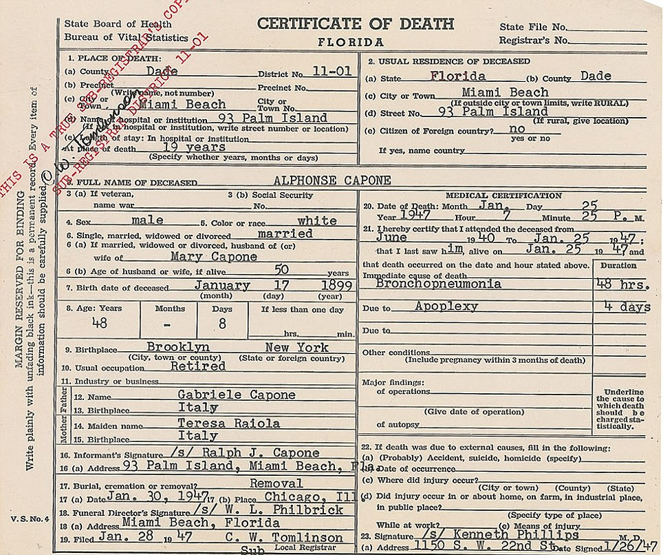 Notorious: Al Capone's death certificate. Capone was an American gangster who led a Prohibition-era crime syndicate 