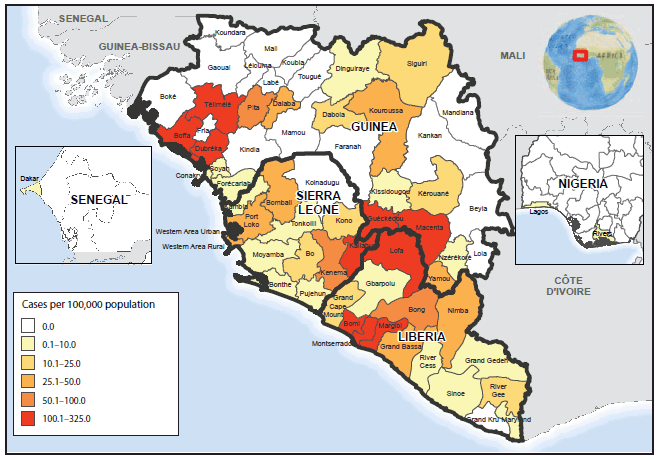 The figure above is a map of West Africa showing Ebola virus disease cumulative incidence as of September 20, 2014. Geographic distribution of the cumulative incidence of Ebola, as of September 23, indicates that the highest cumulative incidence (>100 cases per 100,000 population) was found in five districts in Guinea (Boffa, Dubreka, Gueckedou, Macenta, and Telimele), two districts in Liberia (Loffa and Margibi), and two districts in Sierra Leone (Kailahun and Kenema).