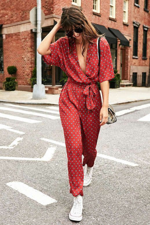 Easy Effortless Jumpsuit Fall Outfit Idea Under $100 Bezel Print Wrapped Belted  Style Converse High Tops Urban Outfitters Le Fashion Blog
