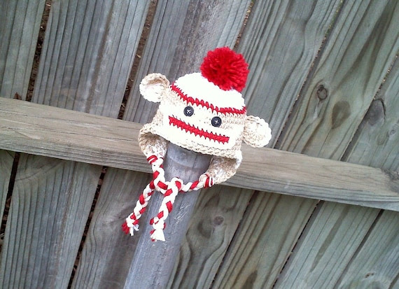 Monkey Hat Sock Earflap Beanie Cap Boy Braided Pom Pom Newborn Baby Toddler Child Crochet Handmade by Amy K