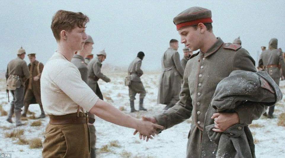 Magic moment: A British and a German soldier meet in No Man's Land on Christmas Day in the new Sainsbury's advert unveiled last night