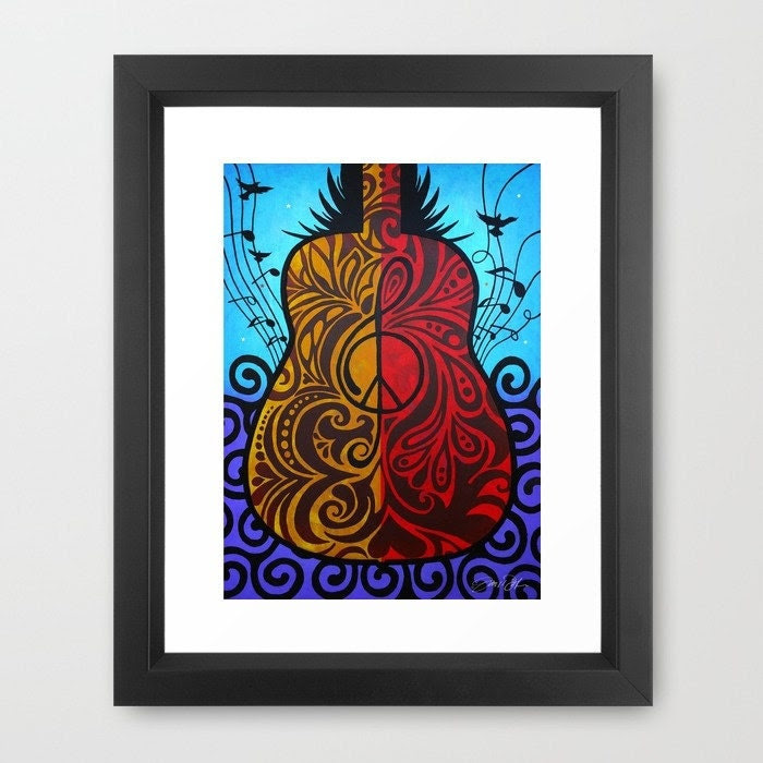 Music Art, Peace Guitar, Signed, Framed, Music, Peace Sign, Treble Clef, Red, Yellow, Blue, Purple, Black, Hipster, Birds, FREE SHIPPING - Inspireuart