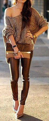 chic and cozy...love the leather pants, the feminine pointed heels and the sexy off the shoulder sweater