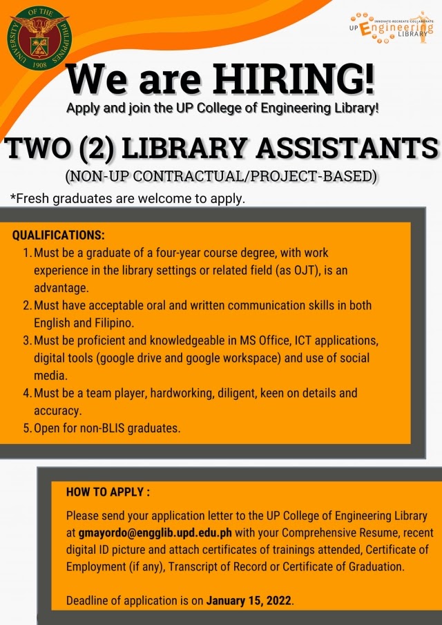 Hiring: UP Engineering Library in need of 2 Library Assistants (Deadline: January 15 2022)