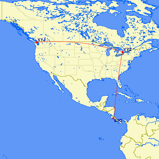 Map showing great circle routes from Toronto to Victoria and San Jose, Costa Rica