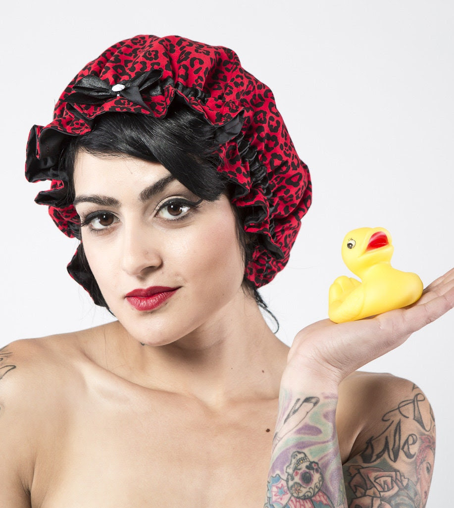 Retro Red Leopard showercap - BonsaiKittenclothing Retro Red Leopard showercap - BonsaiKittenclothing