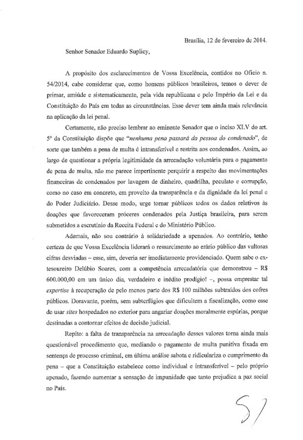 Carta enviada pelo ministro Gilmar Mendes ao senador Eduardo Suplicy (Foto: Reprodução)