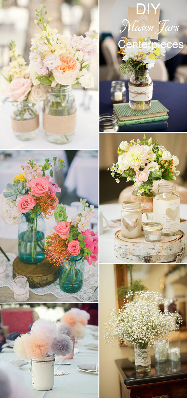 DIY rustic inspired mason jars wedding table setting and centerpieces