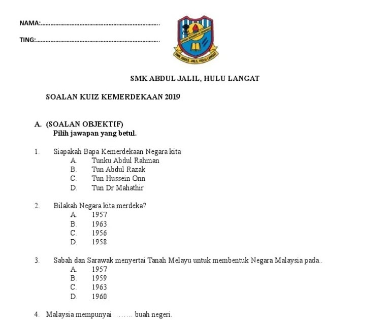 Kuiz Kemerdekaan Sekolah Rendah Dengan Jawapan
