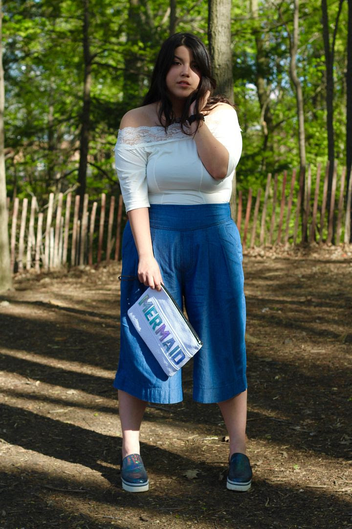 Yours Clothing Denim Culotte Lace Bardot Top
