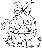 Free sleeping bunny in basket Easter coloring book pages for kids.