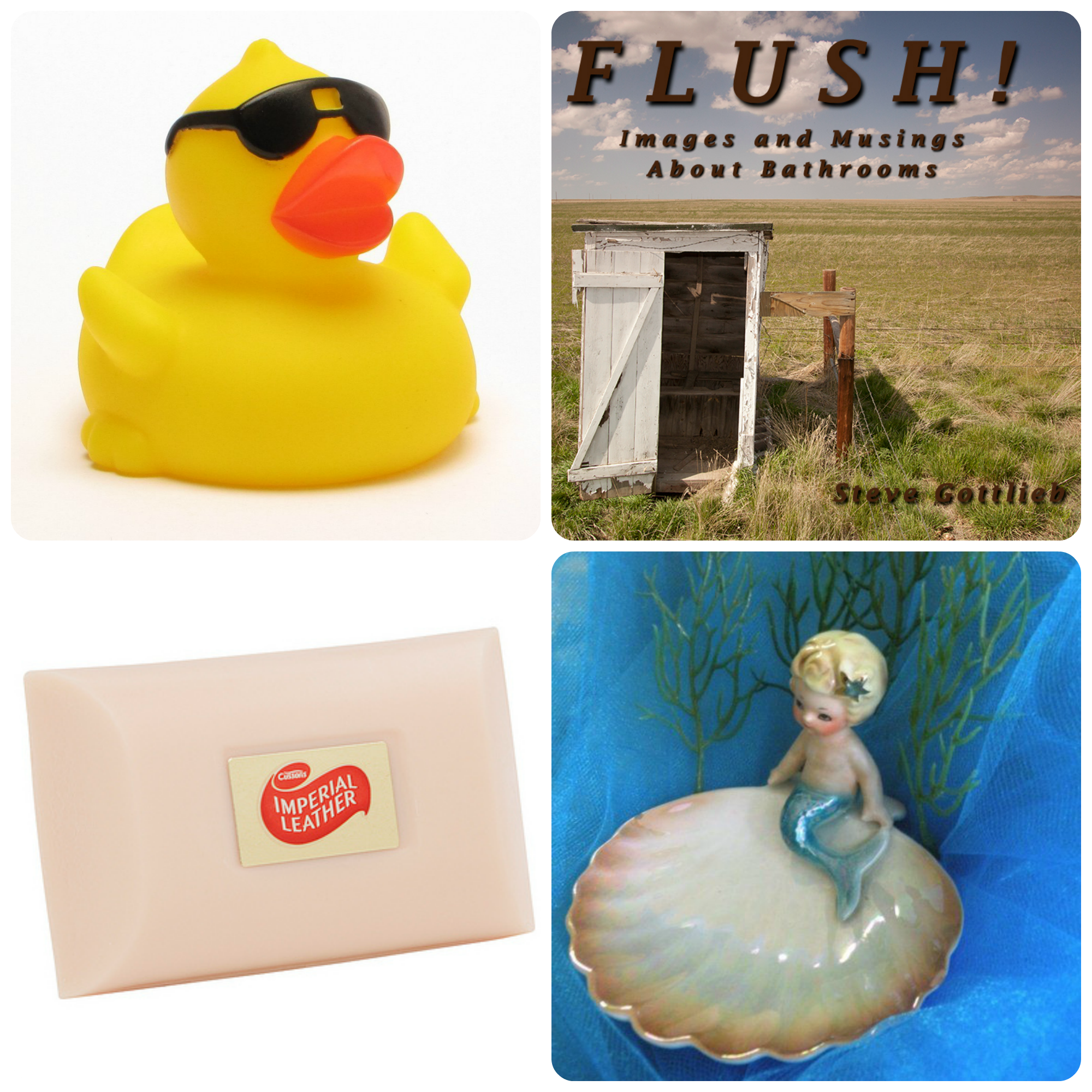 rubber duck wearing shades, imperial leather soap, mermaid soap dish and book called Flush!