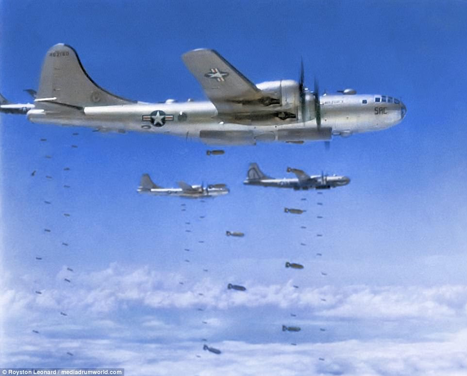 It is estimated that 103,284 servicemen were wounded during the three-year conflict, and more than 7,800 US troops remain unaccounted for. Pictured above, planes drop bombs on Korea during the war