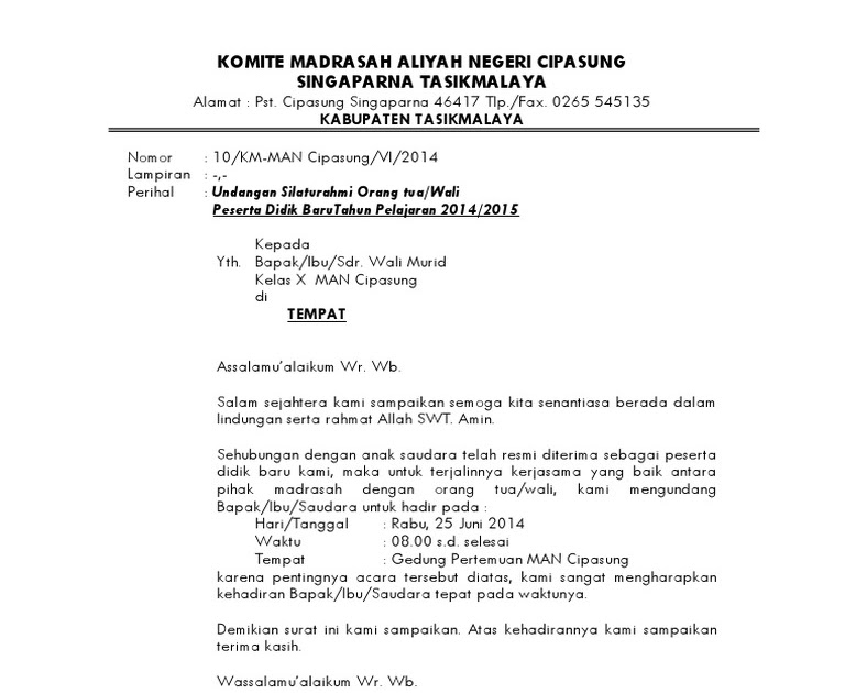 Contoh Surat Rapat Orang Tua
