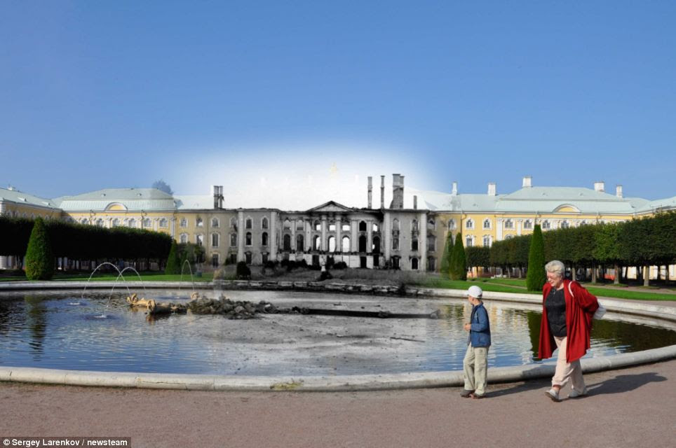 Destruction: 21st Century youngster stares at the destroyed Dubovy Fountain, Peterhof, in 1943