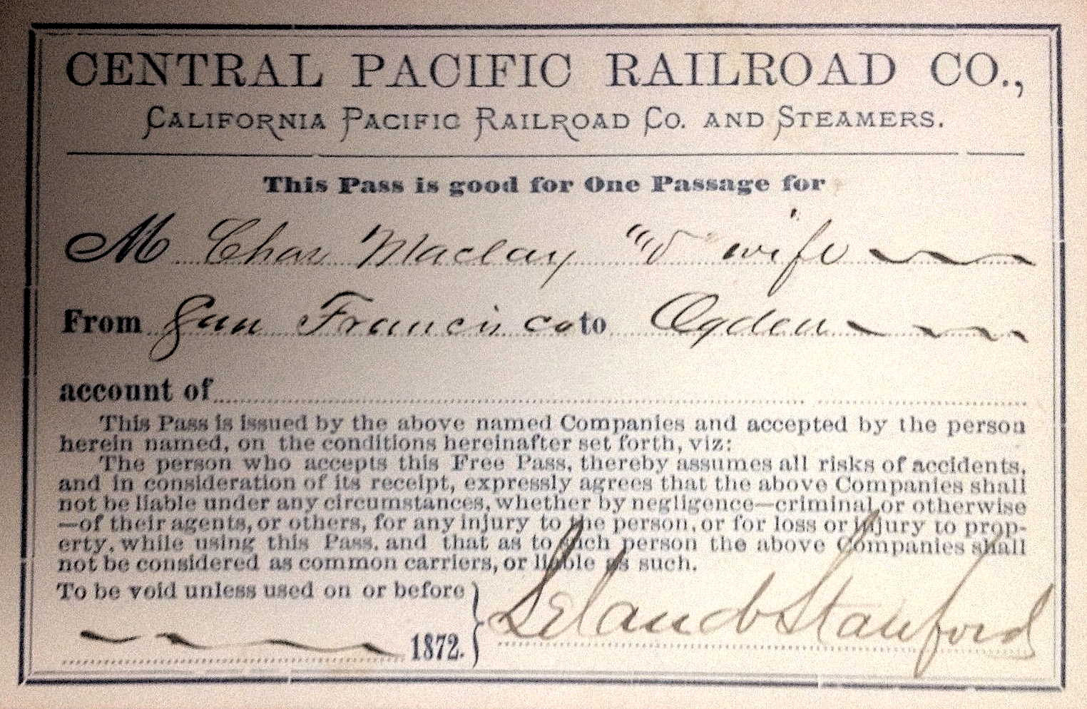 Central Pacific Railroad Pass, 1872
