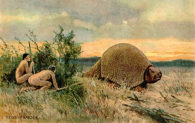 Ilustración de paleoindios cazando un glyptodon, animal cuya extinción supuestamente fue provocada por la llegada del ser humano a Sudamérica. (Heinrich Harder, 1920) (Wikimedia Commons)