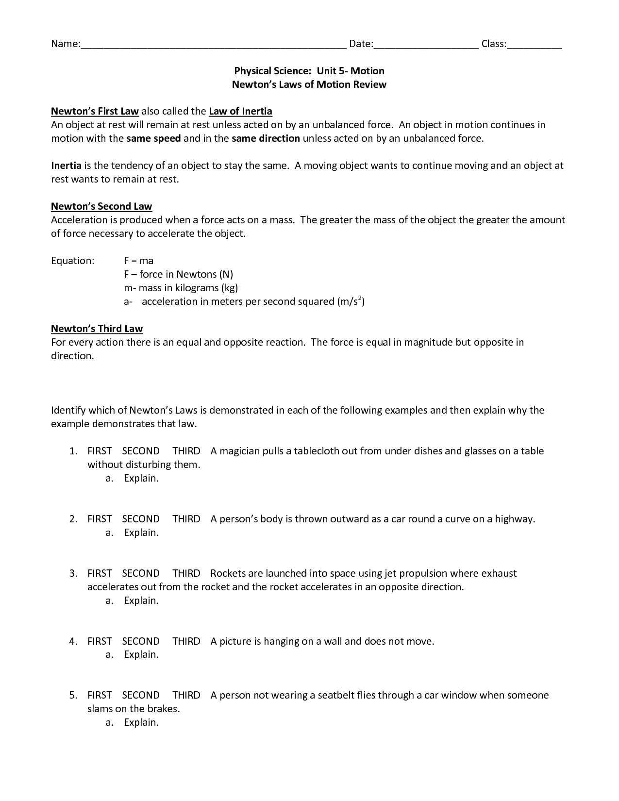 Newtons Laws Of Motion Worksheet Answers - Nidecmege With Newton039s Laws Review Worksheet Answers