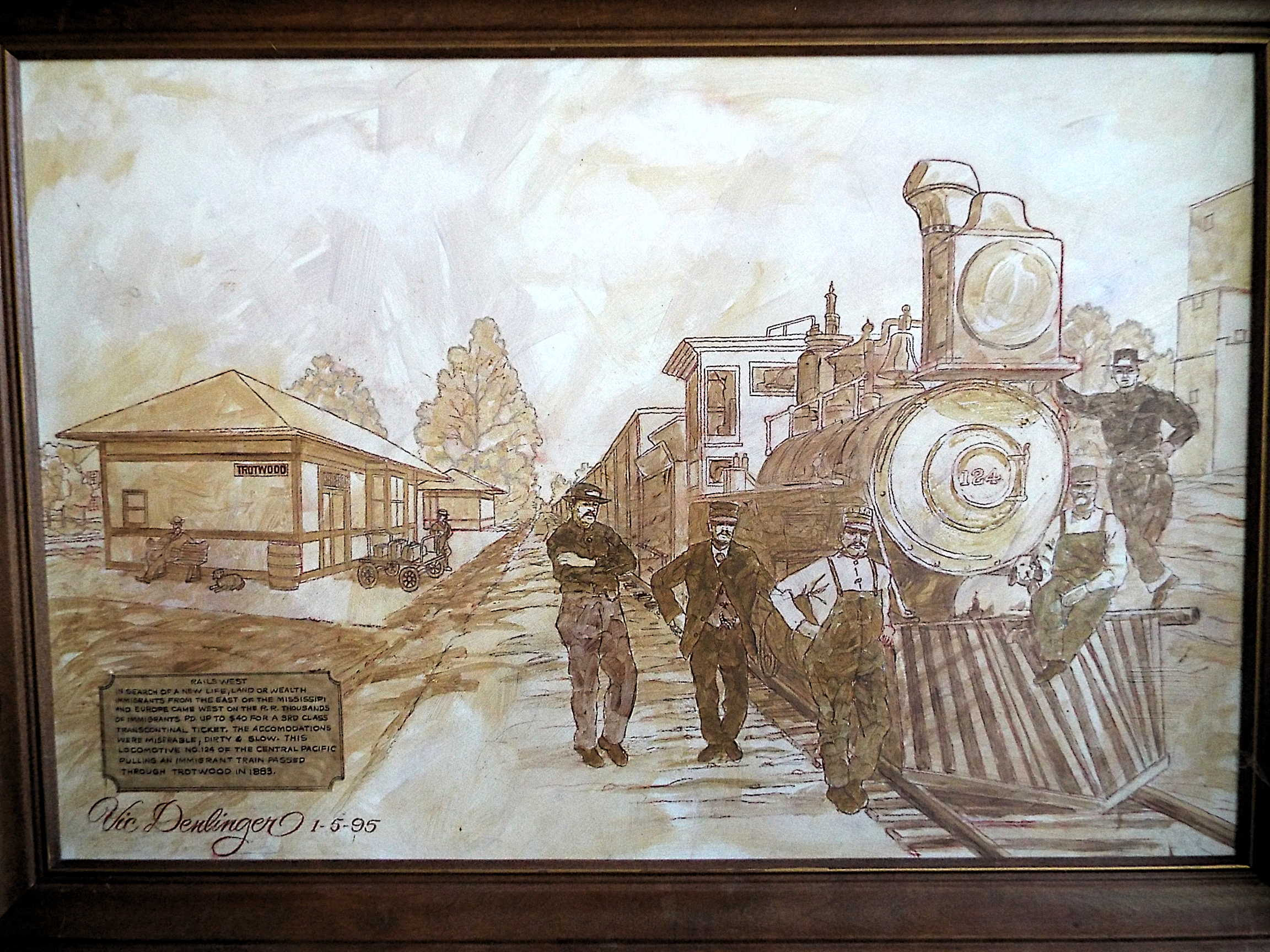 CPRR steam engine #124 pulling an emigrant train through Trotwood Ohio