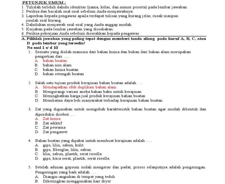 Soal Uts Prakarya Kelas 7 Semester 1