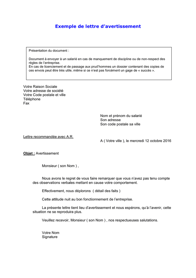 Exemple De Lettre D Avertissement Pour Faute Professionnelle  Le