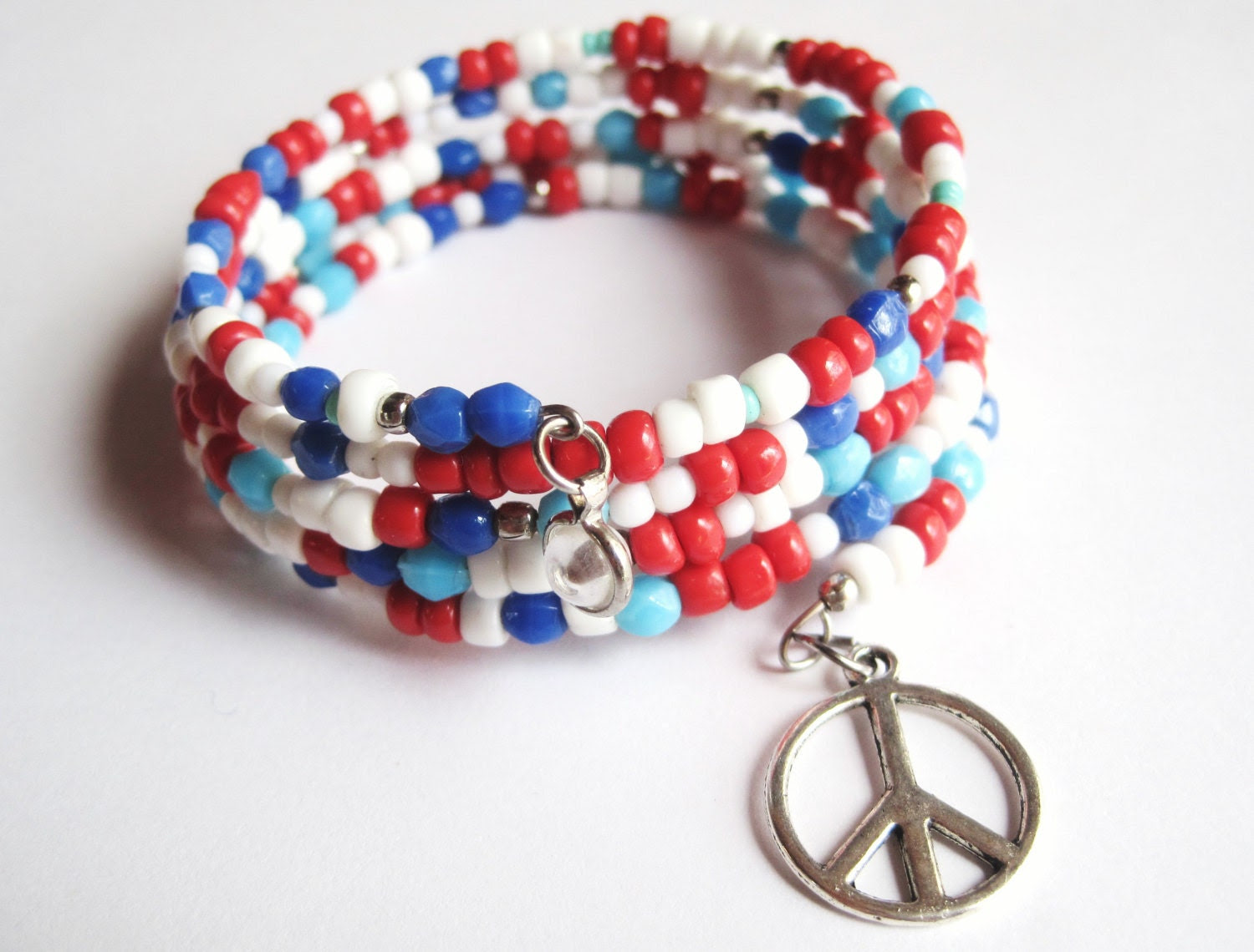 Bracelet - Memory Bracelet - Red, Turquoise, White and Royal Blue - Peace - "What Is So Wrong" - jHenSunshine Bracelet - Memory Bracelet - Red, Turquoise, White and Royal Blue - Peace - "What Is So Wrong" - jHenSunshine