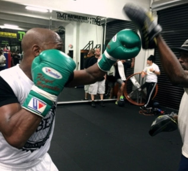 Mayweather also got stuck in to some pad work with his 49th fight just over five weeks away