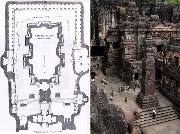 Ellora - Tempio Kailasha - Planimetria pt e panoramica