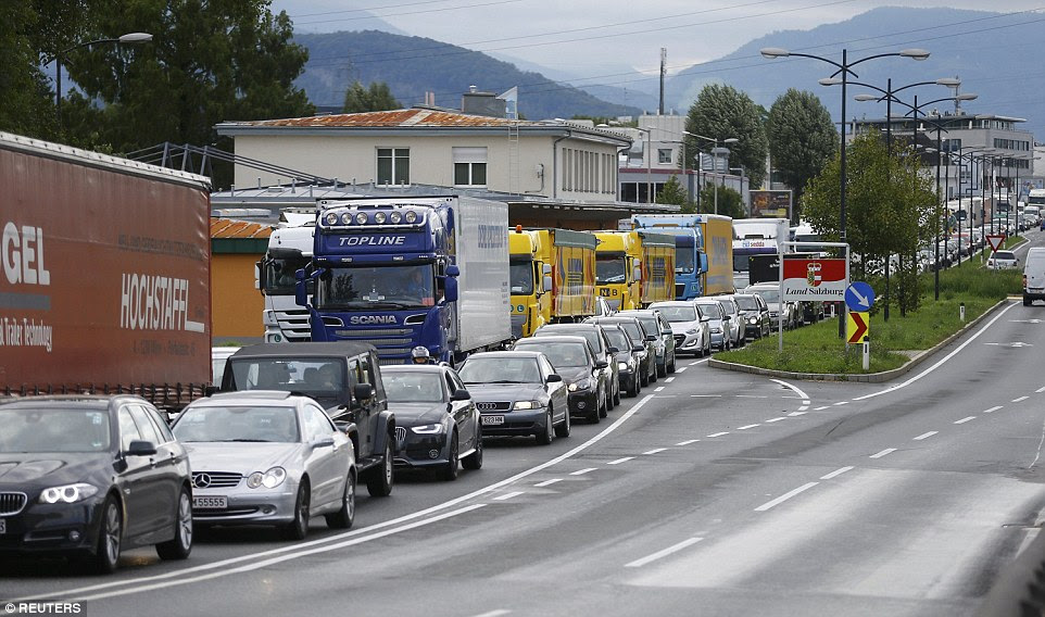 With  both countries imposing border controls, a traffic jam built up today on a road heading to Freilassing in Germany from Salzburg in Austria