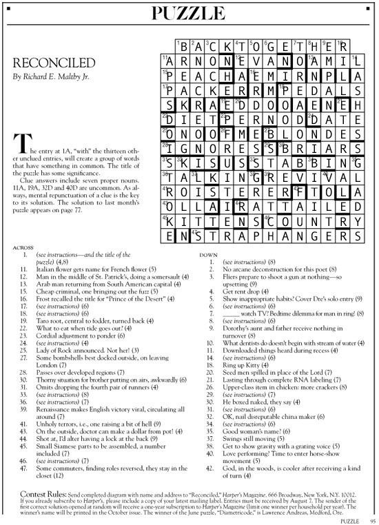 August 2015 | Reconciled | Harper's Cryptic puzzle solution