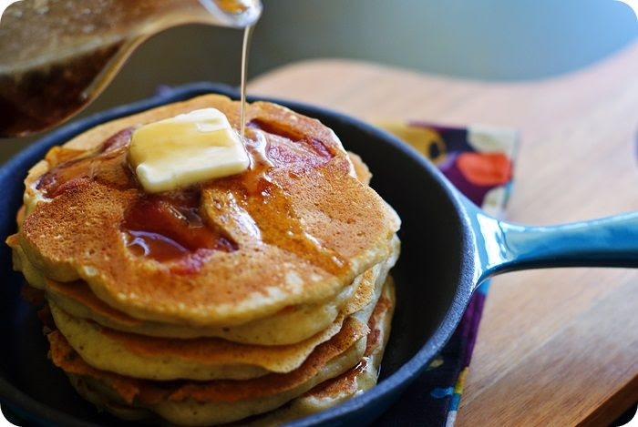 Bacon-Banana Pancakes with Buttery Bourbon Maple Syrup