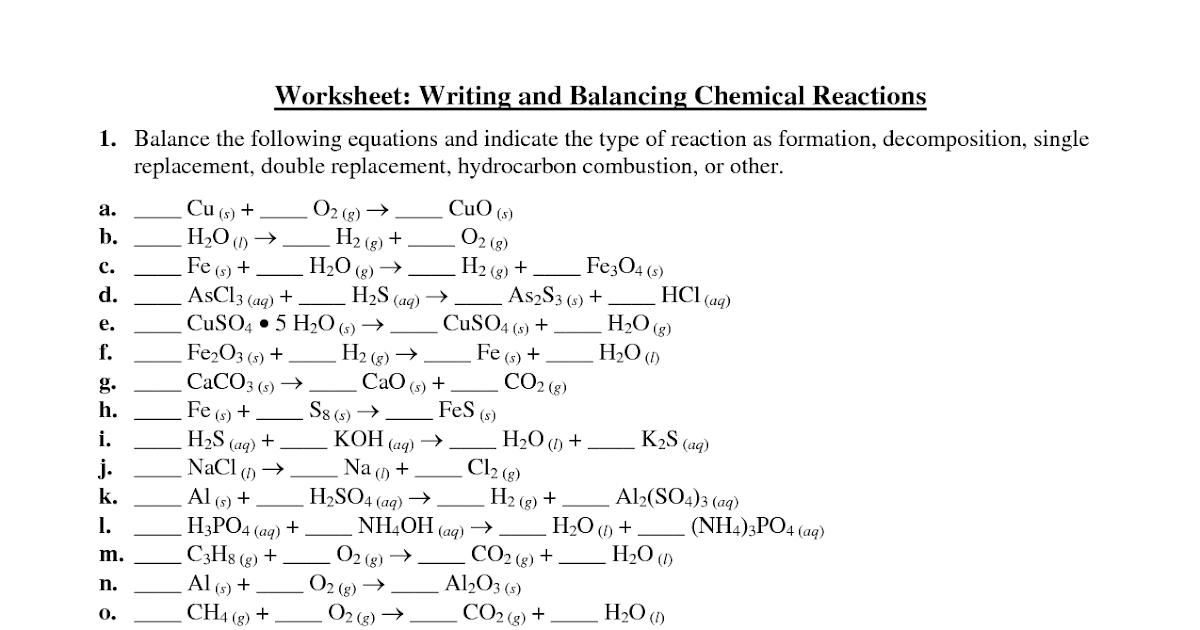 Types Of Reactions Worksheet - worksheet