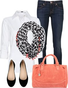 Simple Outfit: dark jeans, white button down, colorful accent scarf, black flats, bright solid color bag.