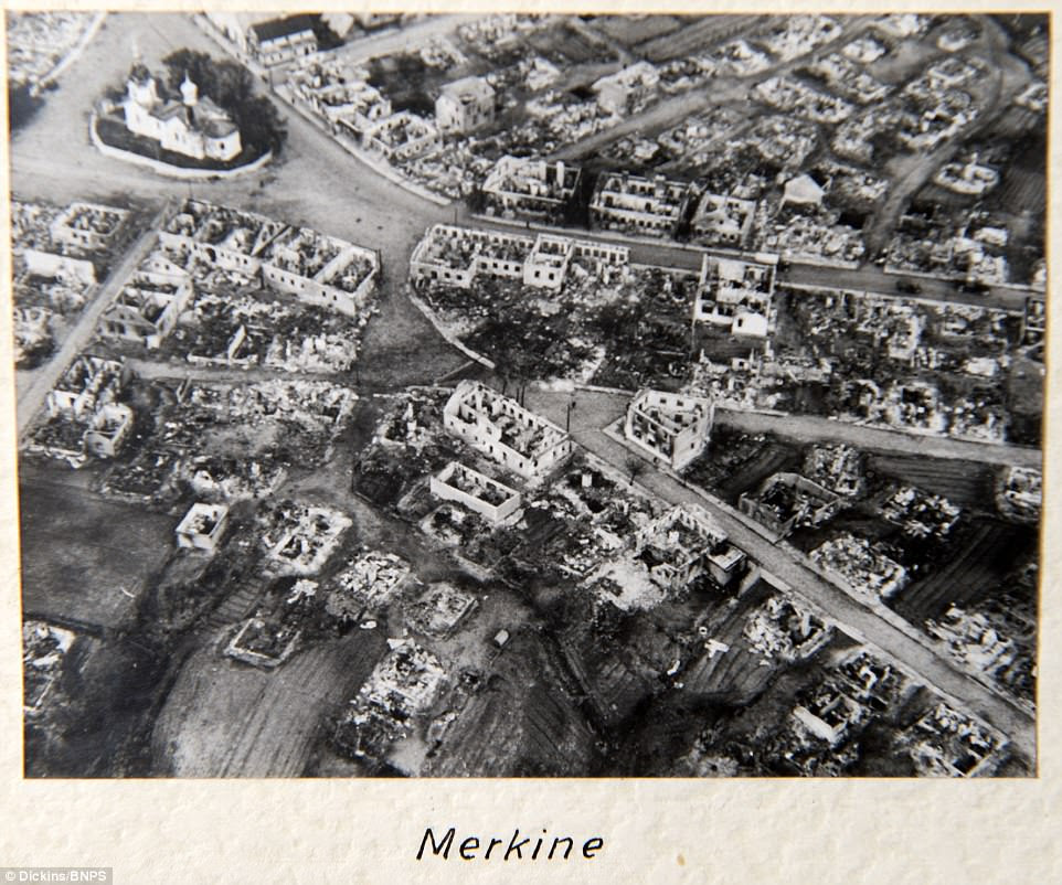 The devastated town of Merkin in Operation Barbarossa - homes and buildings across the town have been completely destroyed as the enemy launched their rampage