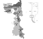 Thumbnail of Map showing the 13 communes in the provinces of Llanquihue and Palena, southern Chile. (Two communes share the name of the province to which they belong.) Asterisk indicates Andean communes. Insert: South America, with study area in box.