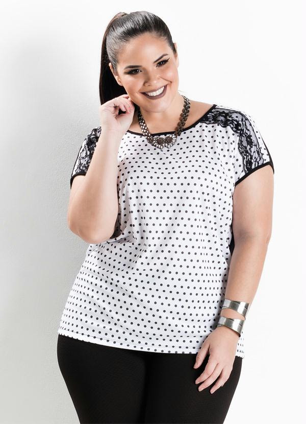 Blusa Aplicação de Renda (Poá e Preto) Plus Size
