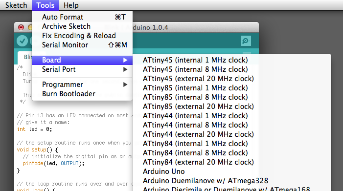 ATtiny Boards Menu